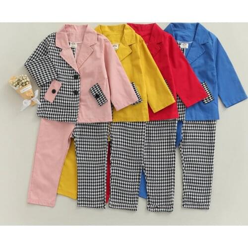 FOCUSNORM 2-7Y Fashion Kids Girls Blazer Clothes Set Plaid Printed Patchwork Long Sleeve Single Breasted Suit Jacket+Pants