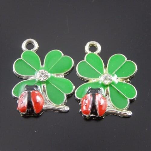 Julie Wang 20pcs Alloy Enamel Ladybug Charms Four Leaf Clover Bracelet Accessories Women Necklace Earrings Pendant DIY Findings
