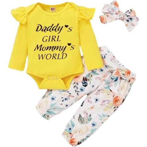 3PCS Infant Baby Boy Girl Clothes, Funny Letter Print Ruffle Long Sleeve Romper + Floral Pants Headband Outfits Set