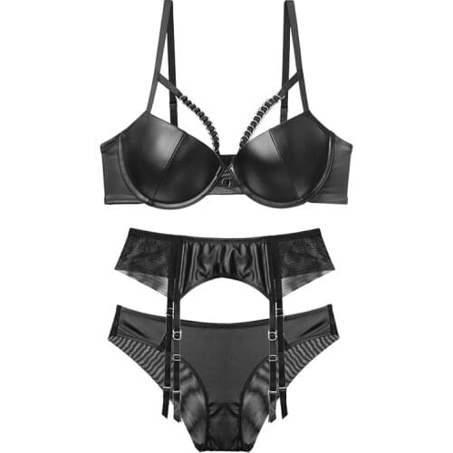 3 Pieces Sets Bras+Garter+Panties Leather Women Sexy Lingerie Thick Cup Underwire Push Up Bra And Underwear Set Red Black B C D