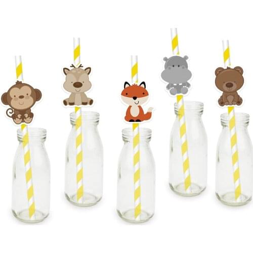 Woodland Animals Theme Party Paper Straw 25PCS Birthday Party Decorations Supplies Paper Drinking Straws Event Supplies Fox Bear