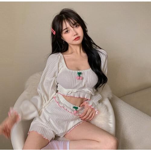 HOT Womens Pajamas Set Square Collar Sleepwear for Girl Little Cherry Cute Nightwear Shorts Two-piece Summer Leisure Home Wear