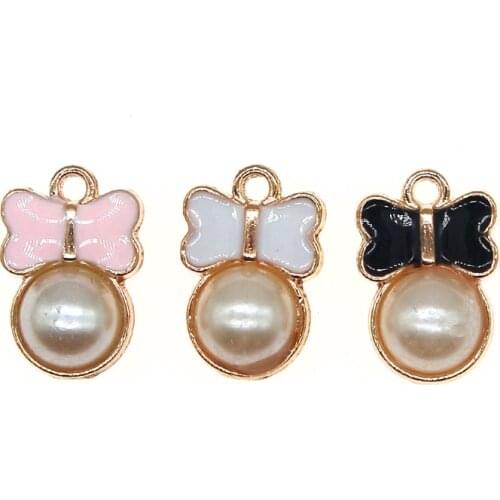 20pcs/lot Cute Enamel Mini Bow Pearl Charms Pendants For Earrings Necklace Bracelet DIY Jewelry Making Finding Accessories