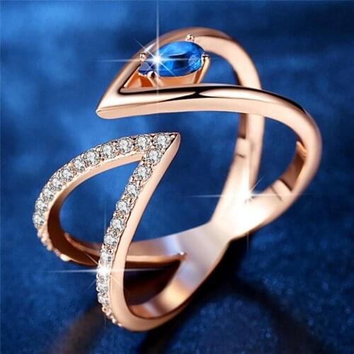 Fashion Cool V-shaped Open Ring Exquisite Drop Crystal Ring Fashion Womens Cocktail Party Jewelry Wedding Accessories