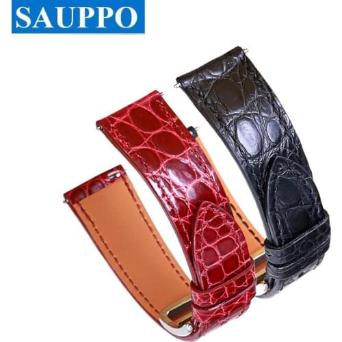 SAUPPO Compatible for Hermes-H Hour Wonderful Alligator Skin Leather with Round Grain Watch Band Wine Red Black Ladies Straps