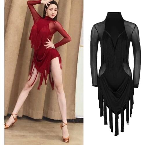WomenS Latin Dance Dress Sexy Mesh Tassel Long Sleeve Ballroom Dresses Dancing Costumes Danse Salsa Performance Outfits DWY3293
