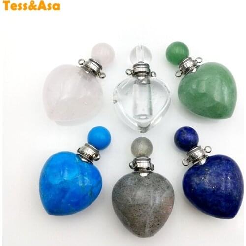 Natural crystal amethysts quartz perfume bottle Pendants Essential Oil Diffuser heart vial gems-stone charm for necklace making