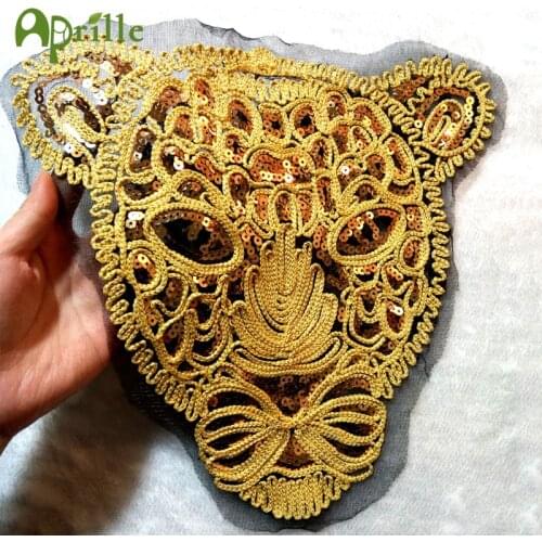 Hot 3d large gold sequins tiger head patch DIY clothes patches for clothing sew on embroidered leopard applique crafts stickers