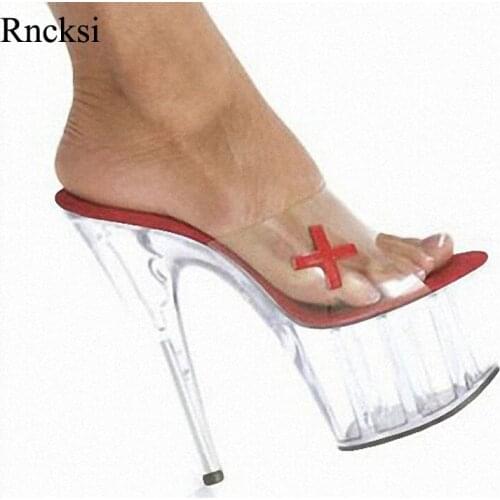 Rncksi Red New Women Sexy high heels 15cm wedding shoes, 5cm waterproof platform crystal transparent womens Slippers