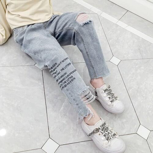 Kids Girls Ripped Jeans Pants Children Broken Hole Baggy Denim Trousers Teenager Elastic Waist Leggings for Girls 6 8 10 14 Year