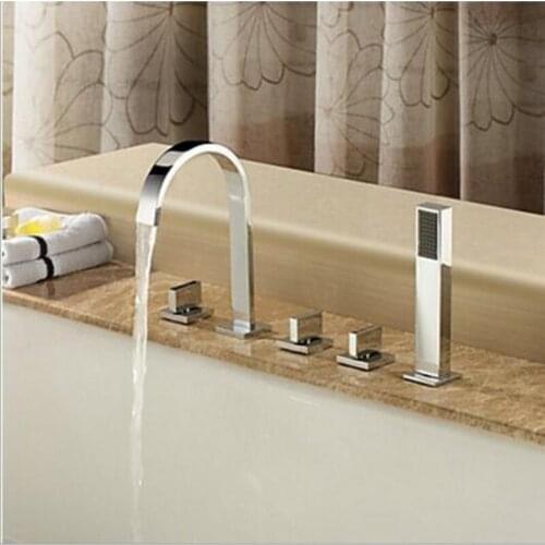 Vidric Widespread Waterfall Roman Deck Mounted 5pcs Bath Tub Tap Faucet Set Combo Handheld Shower Torneira Tap Polished Chrome