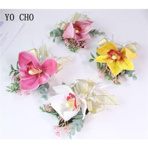 YO CHO Bride Wedding Wrist Corsage Groom Boutonniere Artificial Silk Orchid Flowers White Pink Bracelet Prom Party Corsage Decor