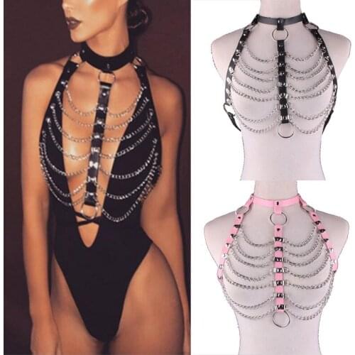 2020 PU Leather Harness Goth Punk Multiayer Chains Bondage Halterneck Beach Collar Gothic Waist Shoulder Body Necklace for Women