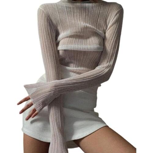Women Sexy See-through Pullover, White Solid Color Turtleneck Long Sleeve Tops, S/ M/ L