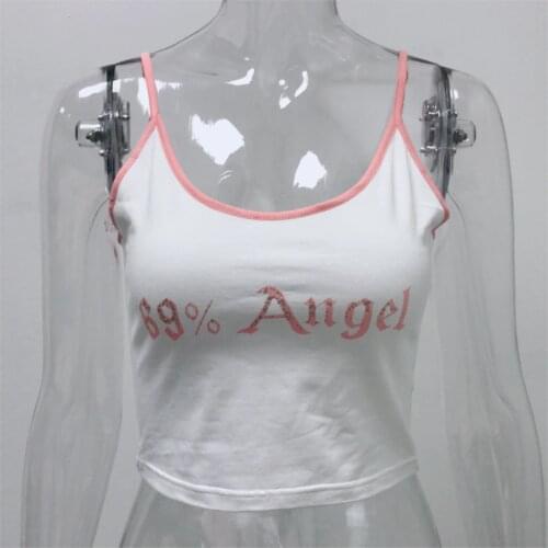 ArtSu 69% Angel White Tank Top Women Sleeveless Casual Tops Vest Fashion Tees Pink Crop Top Cute Summer