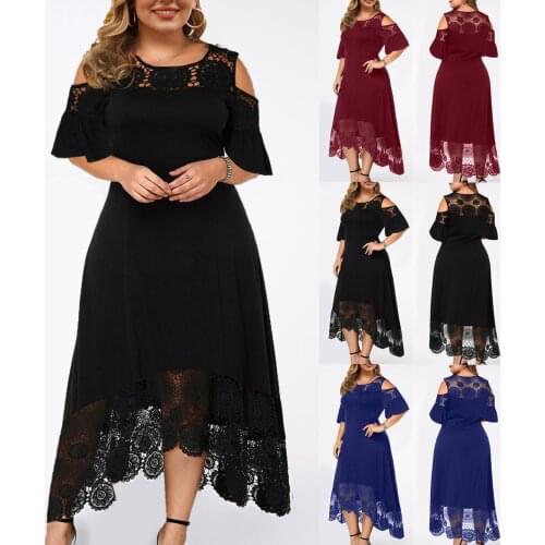 Woman Dress Summer Fashion Casual Round Neck Strapless Lace Stitching Large Size Dress Ruffle Short Sleeve Dress платье 50
