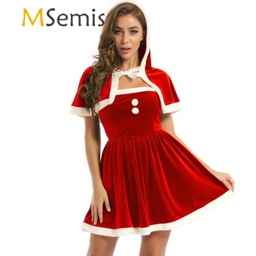 Womens Winter Christmas Reindeer Xmas Santa Costume Dresses Outfits Holiday Party Clothes Femme Dress Up Top Dress Hooded Cape