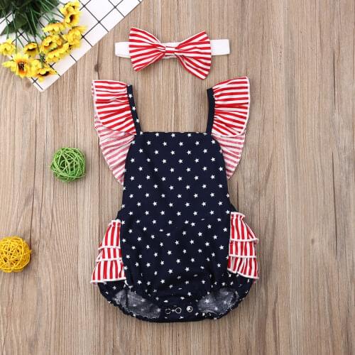 4th of July Independence Day Newborn Baby Girls Ruflle Backless Star Stripe Romper Bodysuit Headband Outfits