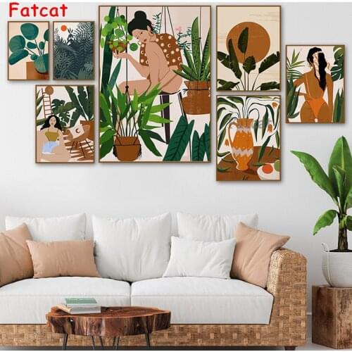 Abstract vintage girl flower leaves monster plant vase wall art diamond painted cross - embroidered Mosaic home decor PP007