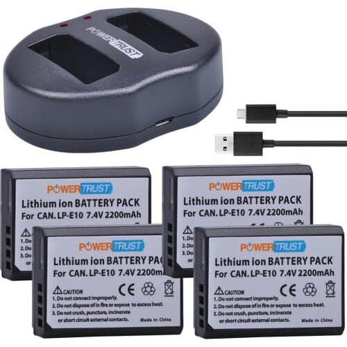 PowerTrust 4Pcs 2200mAh LP-E10 LP E10 LPE10 Camera Battery + Dual USB Charger for Canon 1100D 1200D Rebel T3 T5 KISS X50 X70