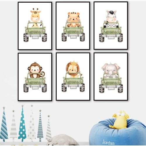 Car Club Animal Elephant Giraffe Lion Zebra Tiger Wall Art Print Canvas Painting Nordic Poster Wall Pictures Baby Boy Room Decor