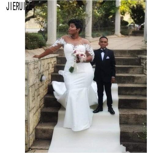 JIERUIZE Elegant African Wedding Dresses Sheer Scoop Neck Half Sleeve Lace Appliques Mermaid Bridal Gowns Plus Size Wedding Gown