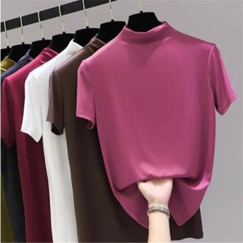 Summer Cotton Solid Shirt Women Fashion Turtleneck Short Sleeve Shirt Plus Size Female Tops M-7XL 8XL 11 Colors Khaki Red White