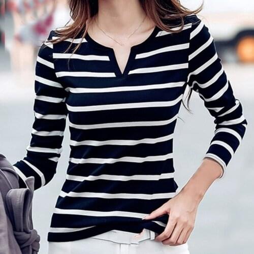 Striped T-shirt Women V-neck Long Sleeve Graphic Tees For Woman Autumn Soft Tshirts Female 2021 Femme Playeras Camisetas Mujer