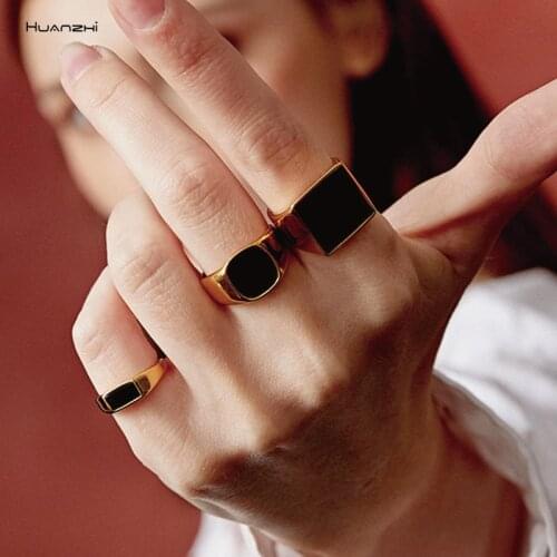 HUANZHI 2020 New Simple Vintage Punk Rock Geometric Square Smooth Metal Ring for Women And Men Party Jewelry Gifts