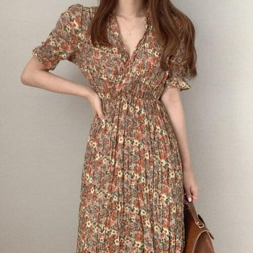 Korean Style Summer Dress Women Chiffon Fashion V-neck Floral Pleated Dress for Women Plus Size Long Party Dresses Vestido 13949