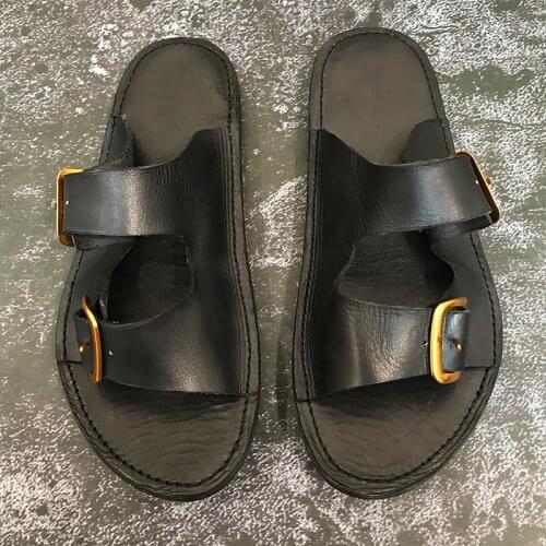 Fashion genuine leather casual shoes mens hiking beach slippers mens flip flops handmade leather sandals