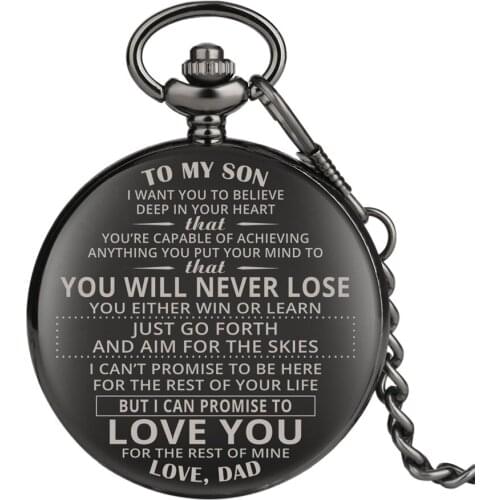 To My Son, Love Dad Theme Special Words Design Quartz Pocket Watch Punk Chain Polishing Black Mens Suit Jewelry Clock Top Gifts