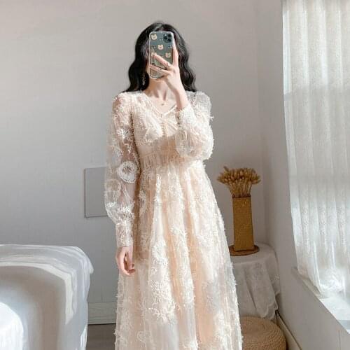 2021 Autumn New Sweet Lovely Gentle Elegant Slim Waist Temperament French Retro Slim Knee Lace holiday dress