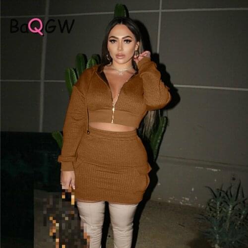 Autum Long Sleeve Solid Zip Up Hooded Top Pocket Skirt Two Pieces Matching Set Autumn Winter Women Streetwear Casual Tracksuit