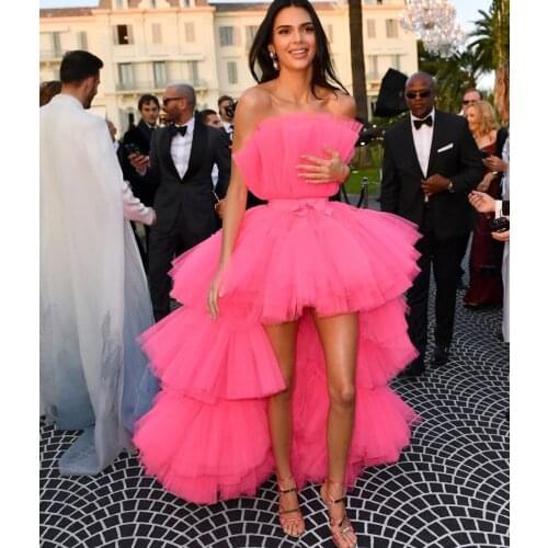 Sexy Pink High Low Prom Dress Strapless Tiered Tulle Evening Celebrity Dresses 2021 Puffy Long Pageant Gown For Women