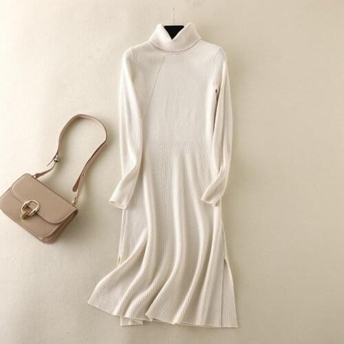 SINGREINY Women Turtleneck Knitted Dress 2021 Autumn Korean Fashion Casual Dresses Winter Thicken Warm Sexy Split Sweater Dress