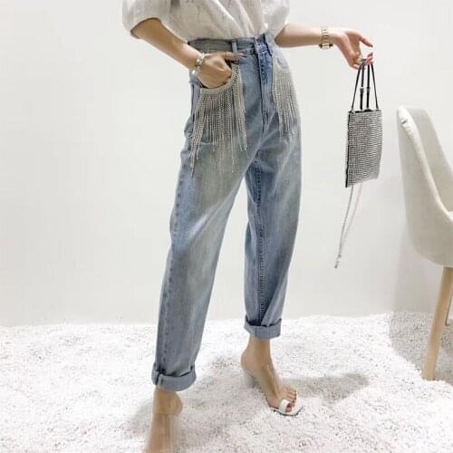 Spring Summer European New Denim Irregular Full Diamond Beaded Fringed Rhinestone Chain Jeans Pant Women Fashion Streetwear 2021