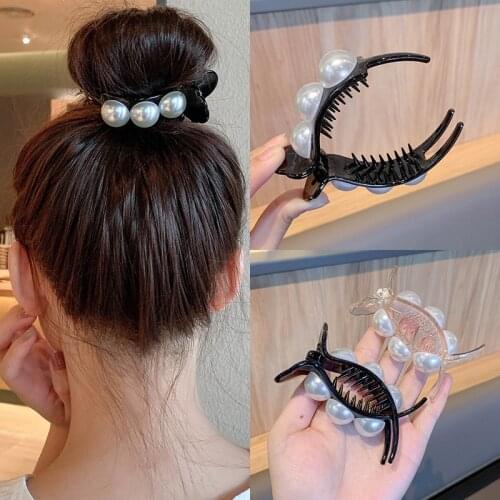 Sempli Korean Word Clip Headdress Ins Pearl Banana Clip Vertical Clip Ponytail Black Hairpin Simple Style Gair Accessories