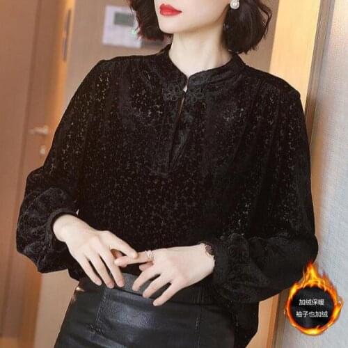 Winter Fall Vintage Lantern Long Sleeve Thick Warm Black Velour Tops and Blouses Shirt , Autumn Blouse Velvet Shirts for Women