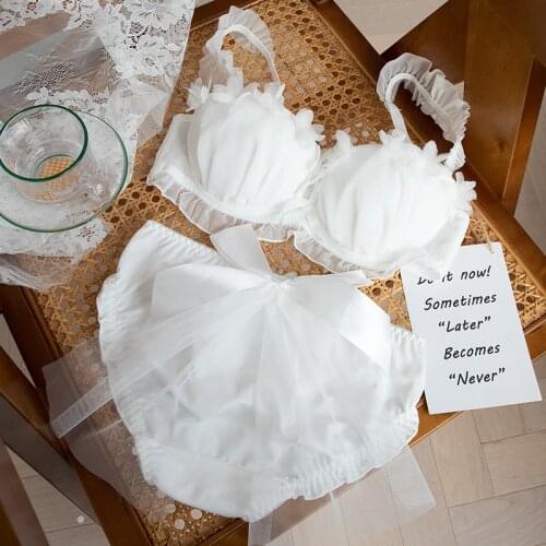 Wriufred Bra set fairy beauty with steel ring lingerie briefs set girl fresh lace thin cup sexy sweet bow underwear student