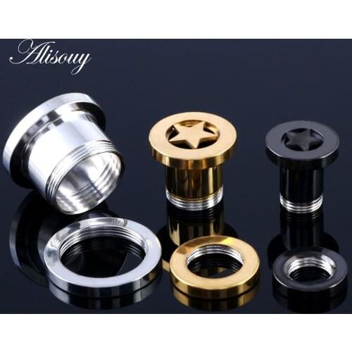 Alisouy 2PCS Stainless Steel Star Ear Plugs Screw Fit Ear Tunnels Hollow Gauges Ear Expander Ear Stretchers Body Jewelry