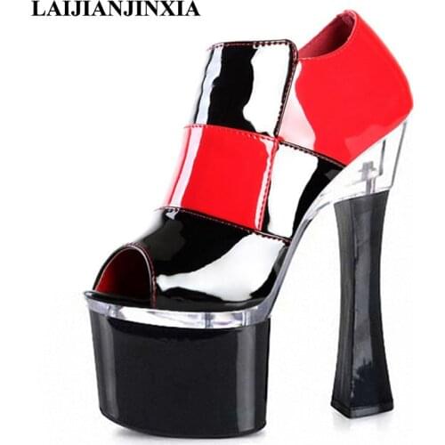 LAIJIANJINXIA Spring Splice Sexy 18cm Square High Heels Wedding Party Dress Women Pole Dance Ankle Sandals Dancing Shoes