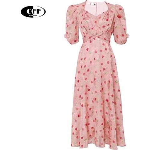 French Chic Elegant Midi Dresses For Women Summer Floral Print Ruffle A-line Sundress Casual Fitted Clothes To Knees Dress femme