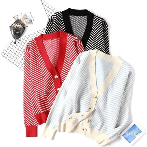 Womens Sweater Cardigan Korean-Style Long-Sleeved V-neck Sweater Womens Stitching Contrast Color Striped Cardigan Coat
