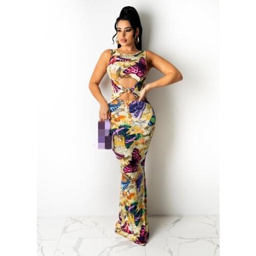 JRRY Sexy Women Maxi Dresses Sleeveless O Neck Long Print Dress High Elasticity Floor Length Dress Vestidos