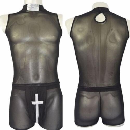 Brand mens sexy underwear hot erotic set transparent gauze man short sleeve boxers set