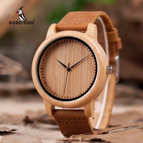 BOBO BIRD V-A15 Handmade Mens Bamboo Wooden Watch Bamboo Dial Quartz Watches with Leather Strap in Gift Box Relojes Hombre