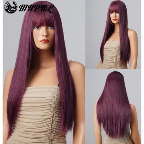 Long Purple Colored Daily Straight Synthetic Wigs For White Women With Bangs Nutural Heat Resistant Fiber Hair Cosplay Girl Wig