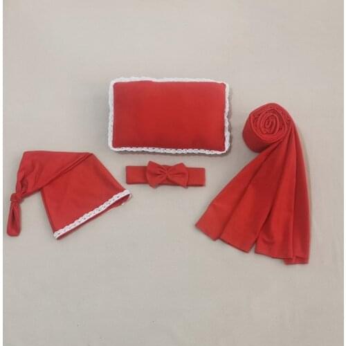 Newborn Baby 4Pcs Photography Props Bowknot Headband Knotted Hat Swaddle Blanket Wrap Pillow Cushion Infant Outfits Costume 69HE