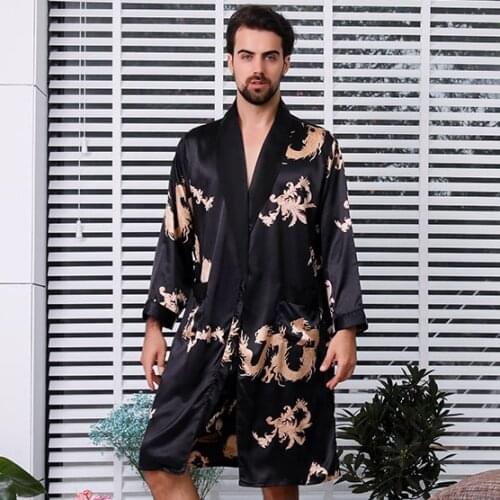 Big Size 4XL 5XL Black Men Robe Kimono Gown Male Satin Sleepwear Nightwear Long Sleeve Bathrobe Gown Print Pajamas Home Wear